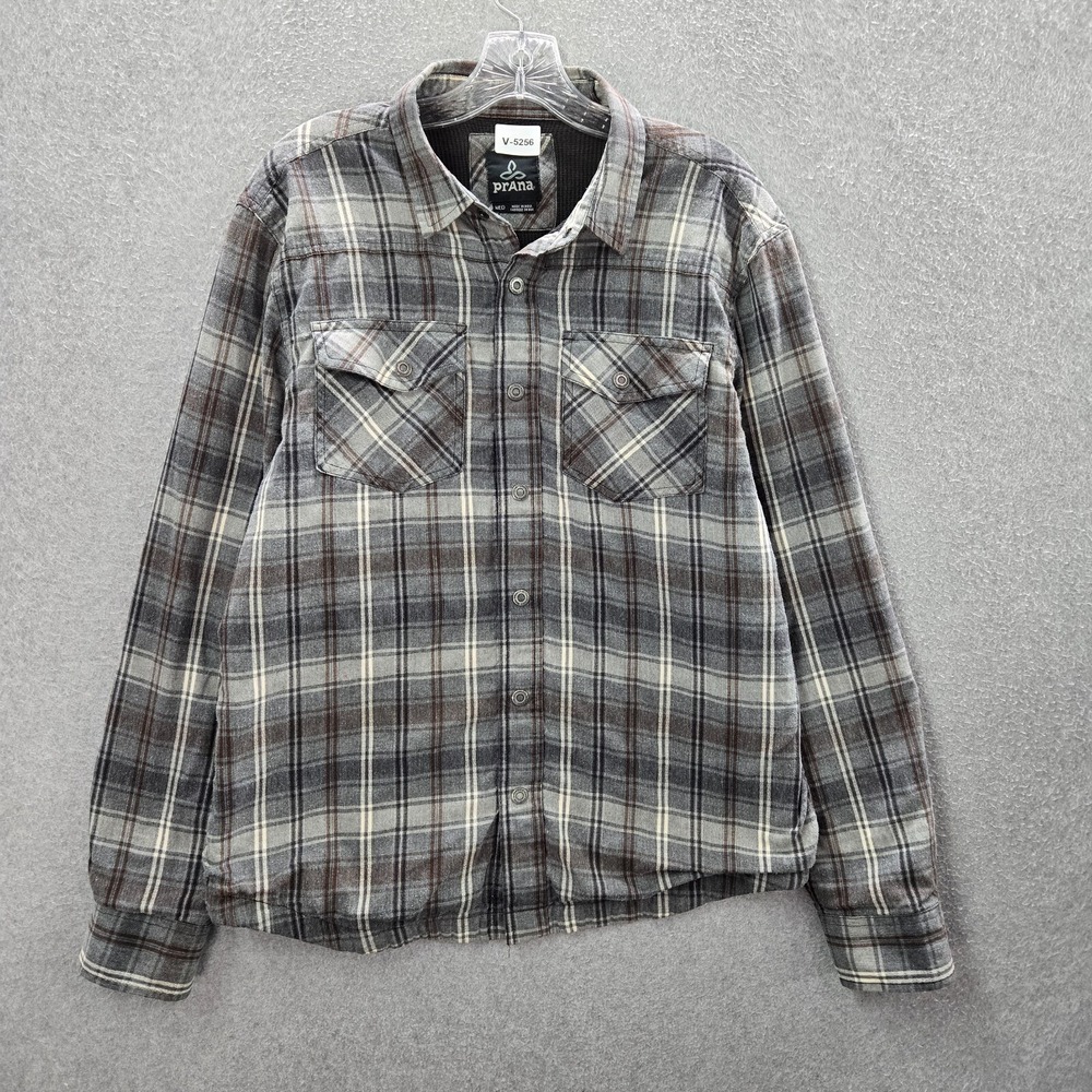 PrAna Men Button Up Shirt Medium Gray Plaid Waffle Knit Lined Thermal READ